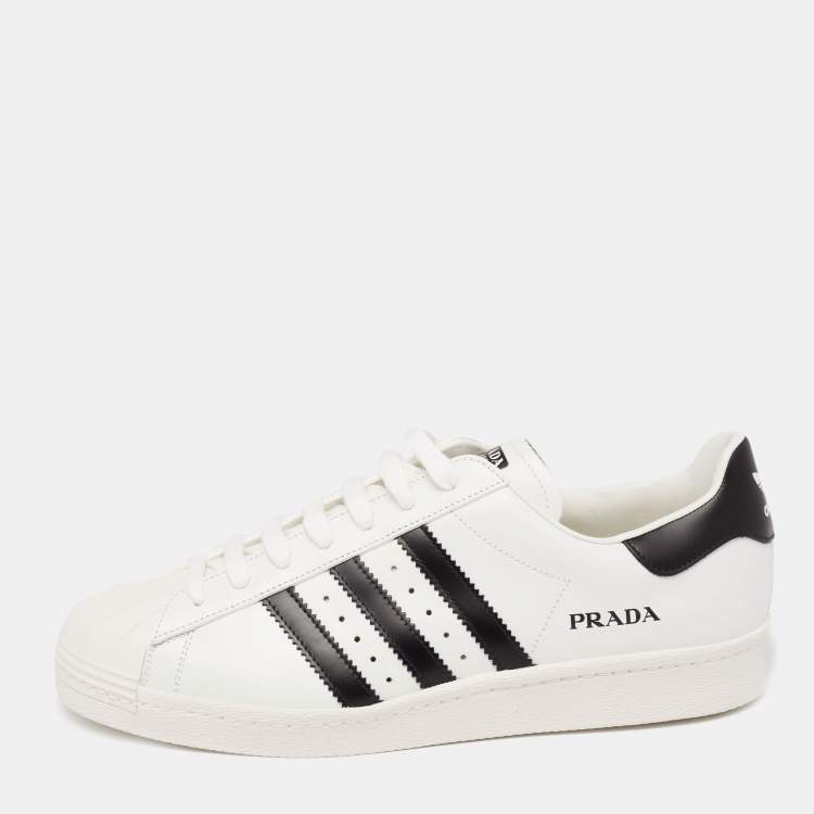 Prada x Adidas White Black Leather Superstar Low Top Sneakers Size 44.5 Prada The Luxury Closet