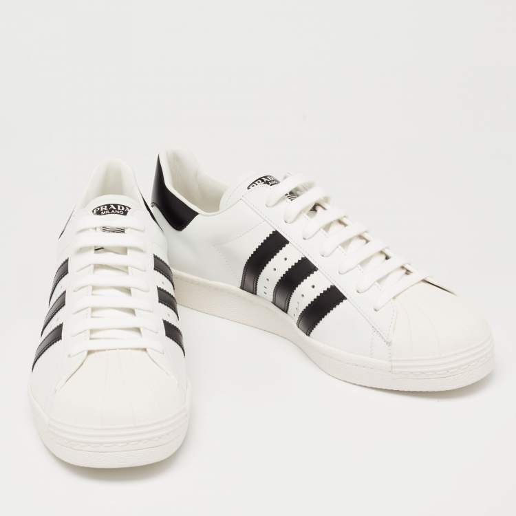 Pre Owned Prada x Adidas White/Black Leather Superstar Low Top Sneakers  Size 44.5