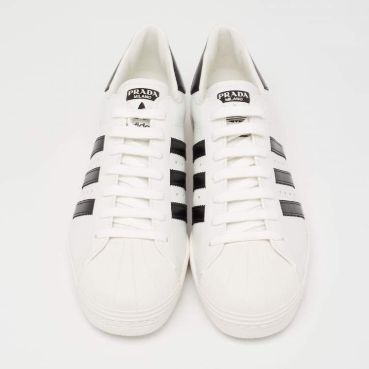 Pre Owned Prada x Adidas White/Black Leather Superstar Low Top Sneakers  Size 44.5