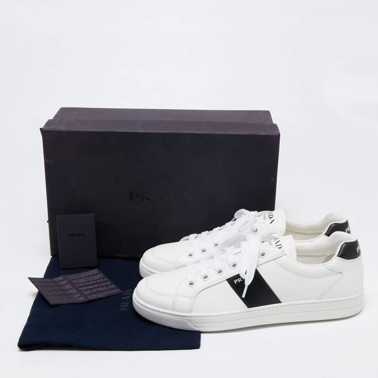 Pre Owned Prada White/Black Leather Low Top Sneakers  Size 44.5