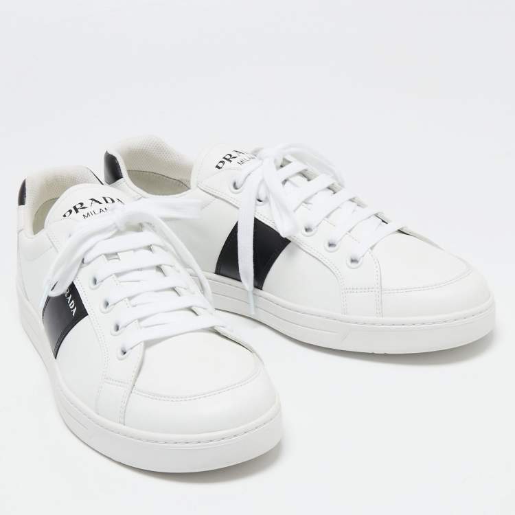 Pre Owned Prada White/Black Leather Low Top Sneakers  Size 44.5