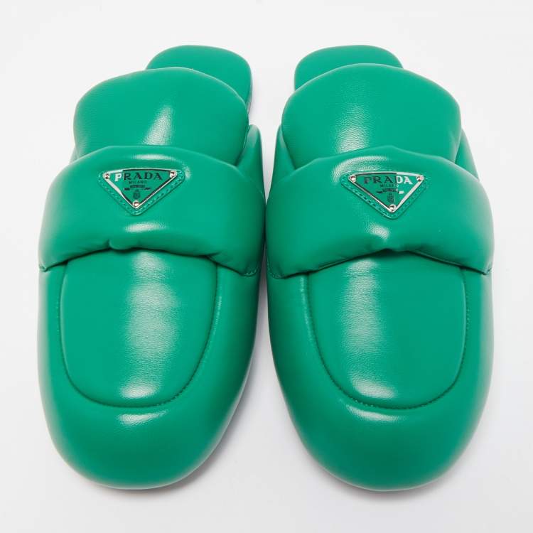 Pre Owned Prada Green Leather Sabots Mule Size 38