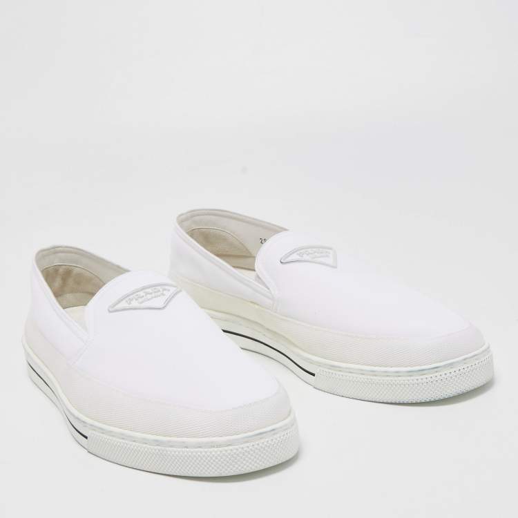 Pre Owned Prada White Nylon Logo Slip On Sneakers Size 43