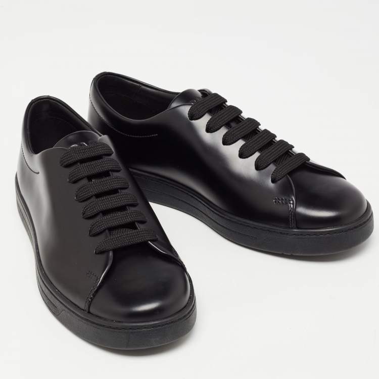 Pre Owned Prada Black Leather Lace Up Sneakers Size 39.5