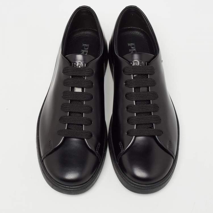 Pre Owned Prada Black Leather Lace Up Sneakers Size 39.5