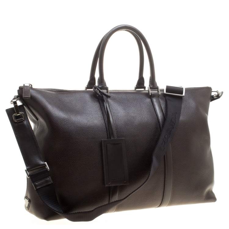 Pre Owned Prada Dark Brown Leather Luggage Weekender Bag