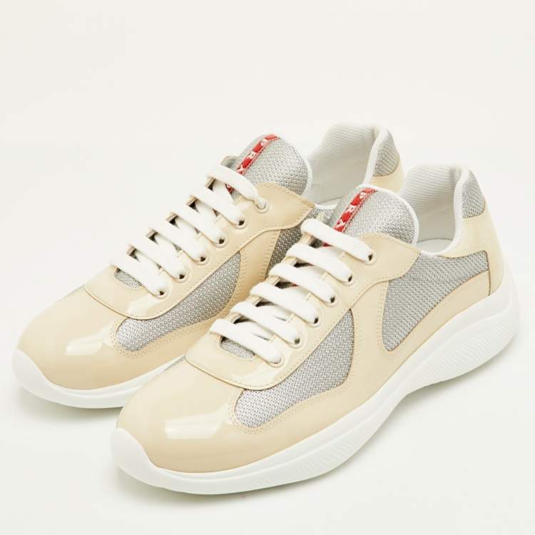 Pre Owned Prada Sport Size 41.5 Beige/Grey Mesh and Patent Leather Low Top Sneakers