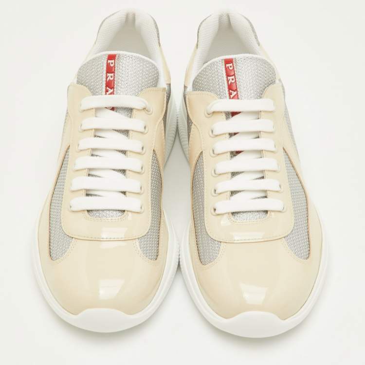 Pre Owned Prada Sport Size 41.5 Beige/Grey Mesh and Patent Leather Low Top Sneakers