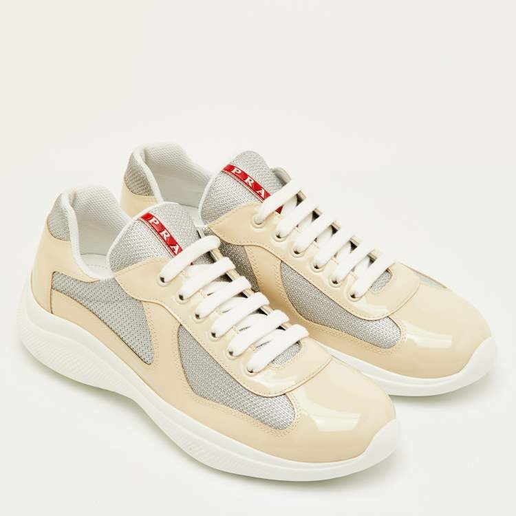 Pre Owned Prada Sport Size 41.5 Beige/Grey Mesh and Patent Leather Low Top Sneakers