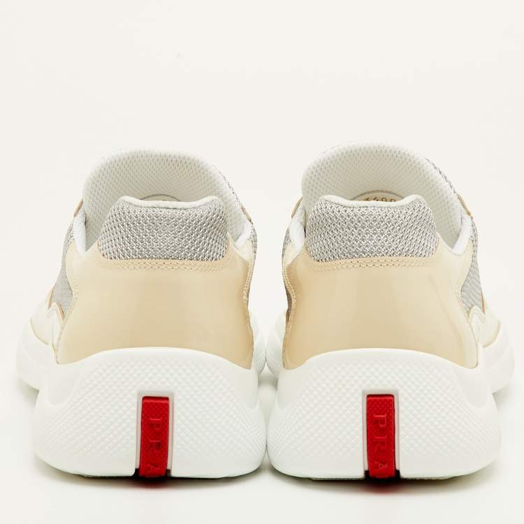 Pre Owned Prada Sport Size 41.5 Beige/Grey Mesh and Patent Leather Low Top Sneakers