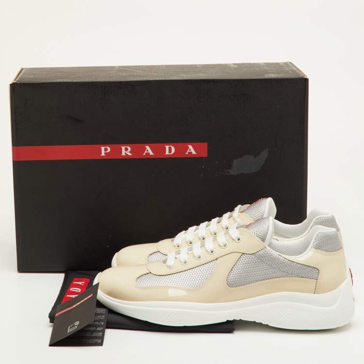 Pre Owned Prada Sport Size 41.5 Beige/Grey Mesh and Patent Leather Low Top Sneakers