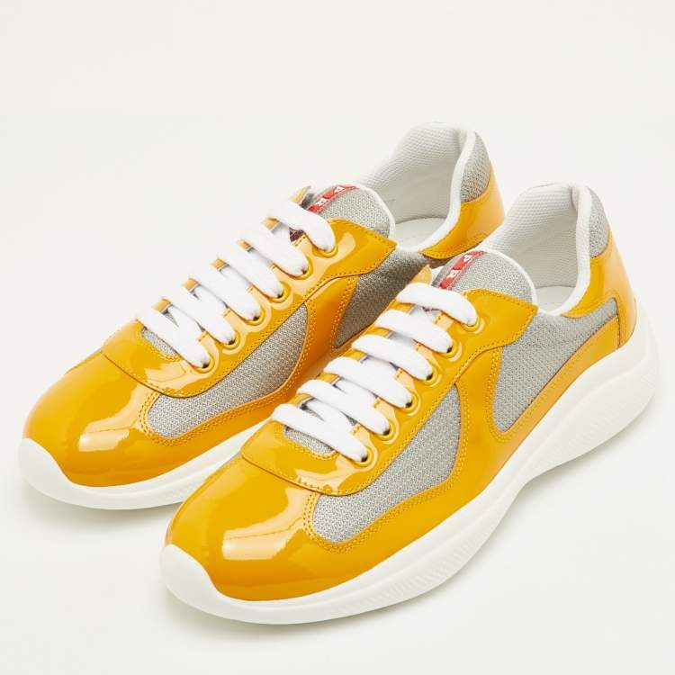 Pre Owned Prada Sport Size 41.5 Yellow/Grey Mesh and Patent Leather Low Top Sneakers