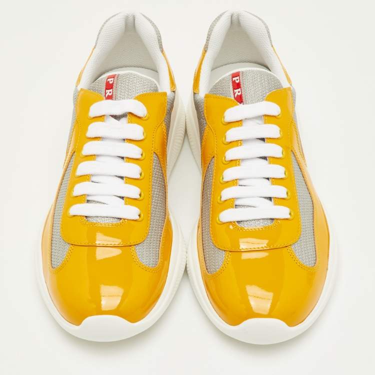 Pre Owned Prada Sport Size 41.5 Yellow/Grey Mesh and Patent Leather Low Top Sneakers