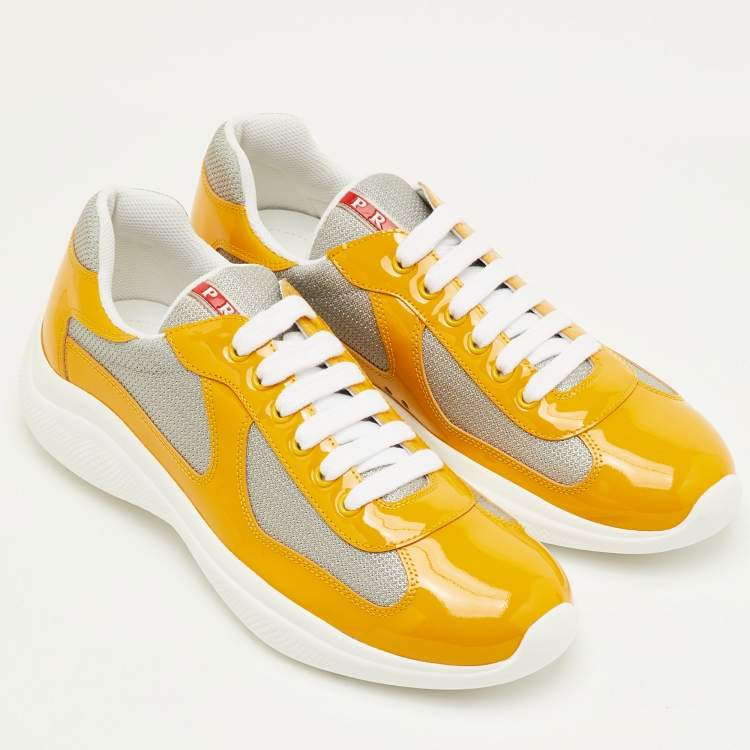 Pre Owned Prada Sport Size 41.5 Yellow/Grey Mesh and Patent Leather Low Top Sneakers