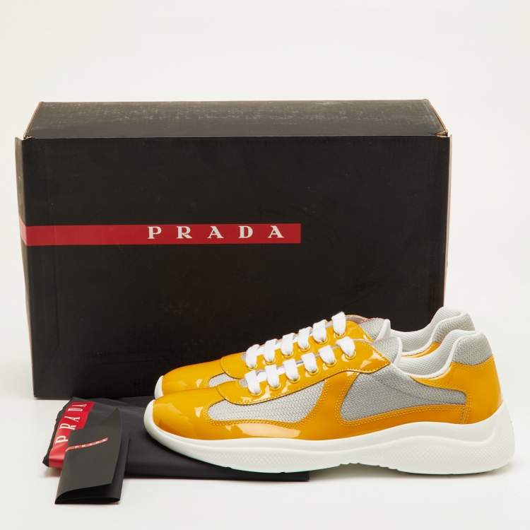 Pre Owned Prada Sport Size 41.5 Yellow/Grey Mesh and Patent Leather Low Top Sneakers