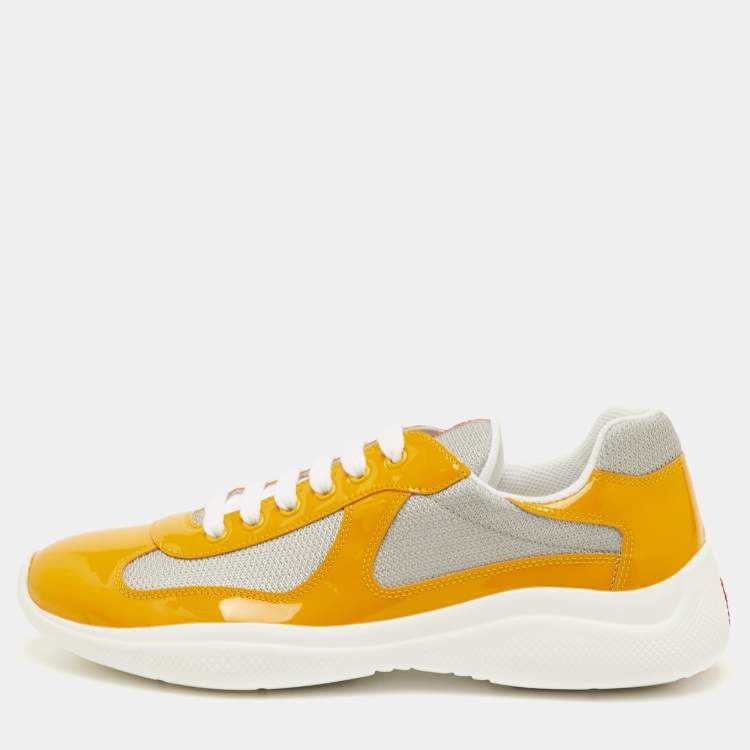 Pre Owned Prada Sport Size 41.5 Yellow/Grey Mesh and Patent Leather Low Top Sneakers