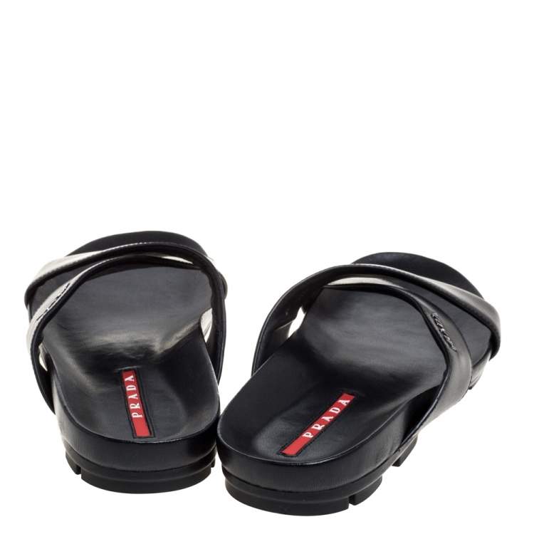 Pre Owned Prada Sport Black Leather Cross Strap Flat Sandals Size 42