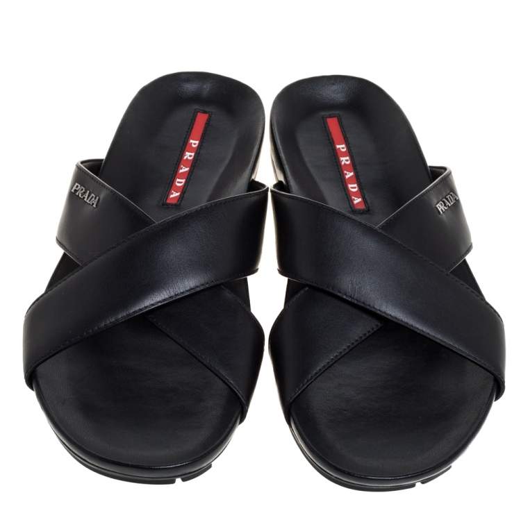 Pre Owned Prada Sport Black Leather Cross Strap Flat Sandals Size 42