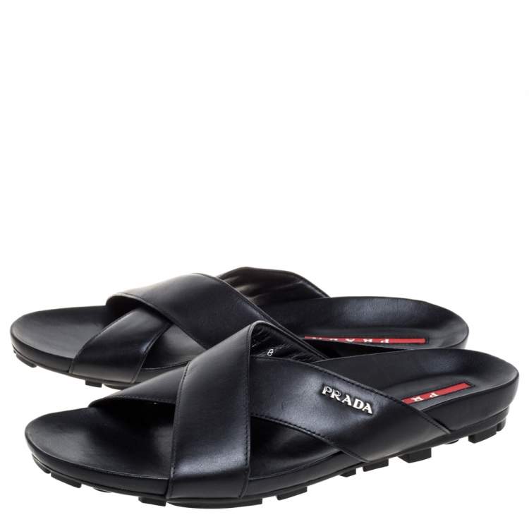 Pre Owned Prada Sport Black Leather Cross Strap Flat Sandals Size 42