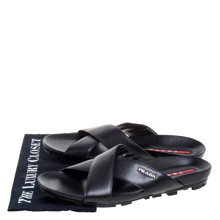 Pre Owned Prada Sport Black Leather Cross Strap Flat Sandals Size 42