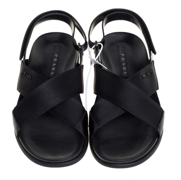 Pre Owned  Prada Sport Black Nylon And Leather Flat Slingback Sandals Size 40