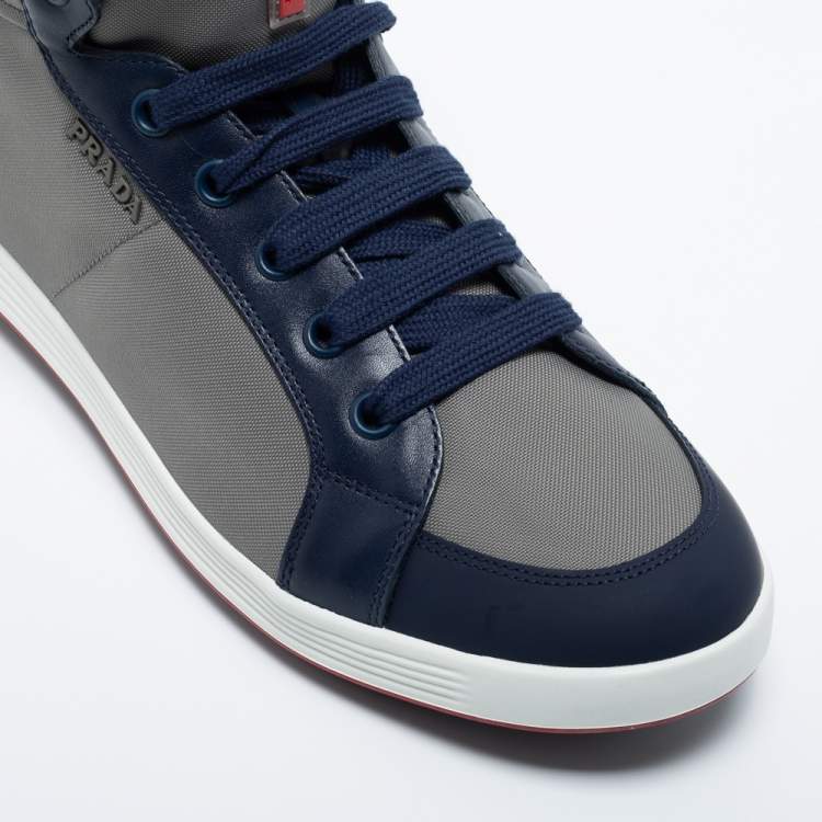 Pre Owned Prada Sport Grey/Navy Blue Canvas and Leather High Top Sneakers Size 44