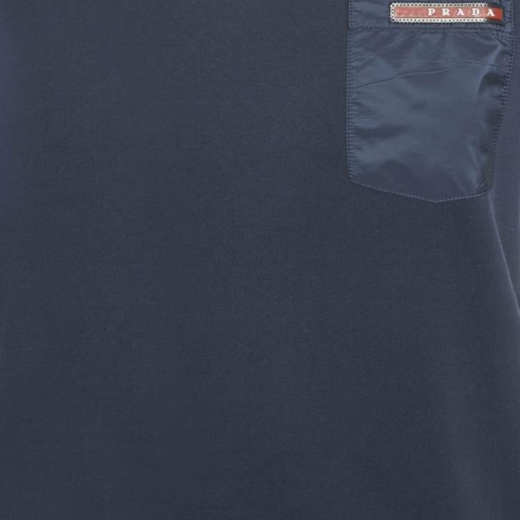 Pre Owned Prada Blue Cotton Rubber Logo Nylon Pocket V-Neck T-Shirt S