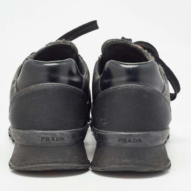 Pre Owned Prada Sport Black/Green Leather and Camouflage Print Nylon Low Top Sneakers Size 43.5 