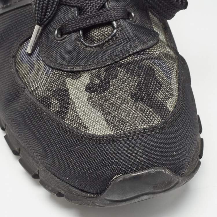 Pre Owned Prada Sport Black/Green Leather and Camouflage Print Nylon Low Top Sneakers Size 43.5 