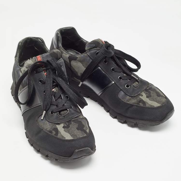 Pre Owned Prada Sport Black/Green Leather and Camouflage Print Nylon Low Top Sneakers Size 43.5 
