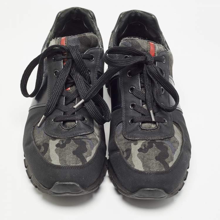 Pre Owned Prada Sport Black/Green Leather and Camouflage Print Nylon Low Top Sneakers Size 43.5 