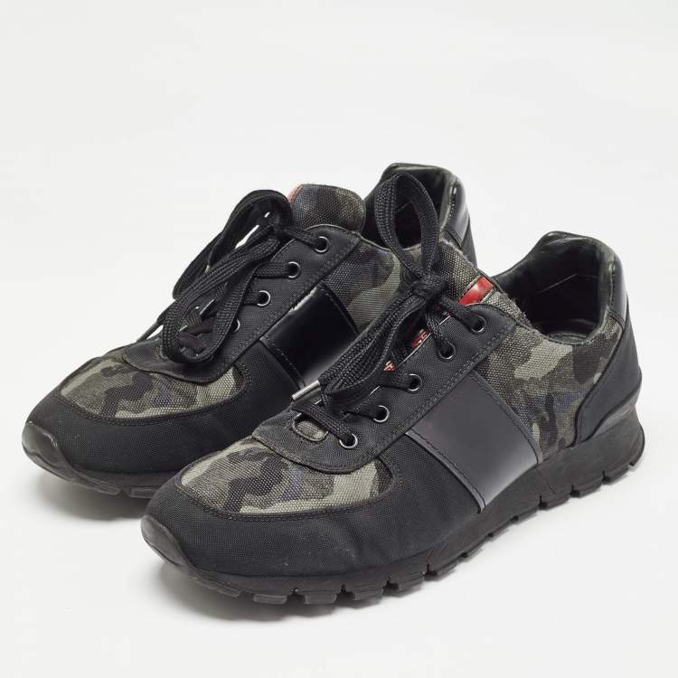 Pre Owned Prada Sport Black/Green Leather and Camouflage Print Nylon Low Top Sneakers Size 43.5 
