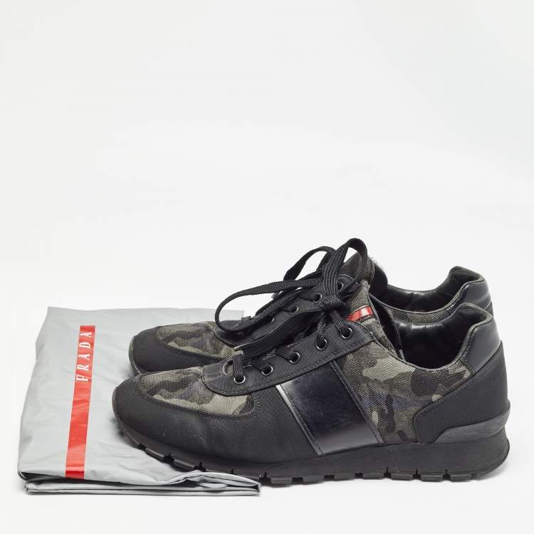 Pre Owned Prada Sport Black/Green Leather and Camouflage Print Nylon Low Top Sneakers Size 43.5 