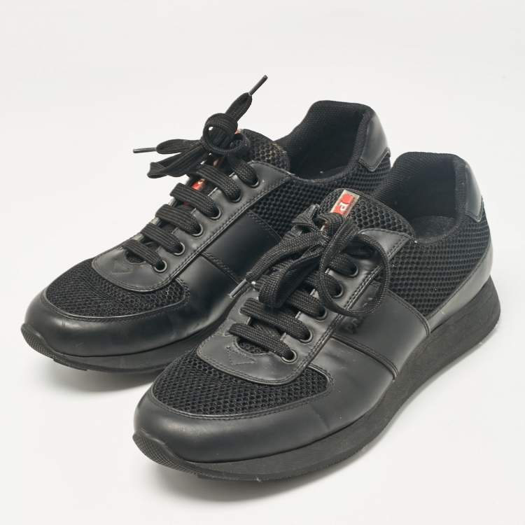 Pre Owned Prada Sport Black Leather and Mesh Lace Up Sneakers Size 42.5