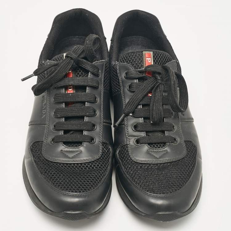Pre Owned Prada Sport Black Leather and Mesh Lace Up Sneakers Size 42.5