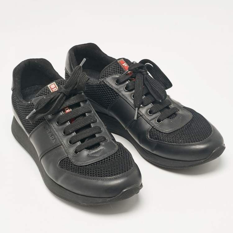 Pre Owned Prada Sport Black Leather and Mesh Lace Up Sneakers Size 42.5