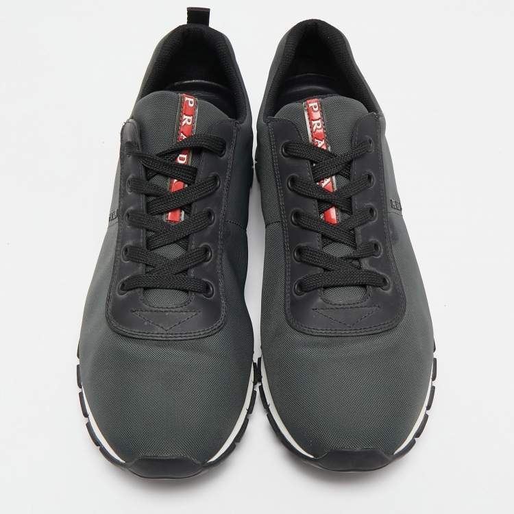 Pre Owned Prada Sport Dark Green/Black Fabric and Leather Low Top Sneakers Size 43.5