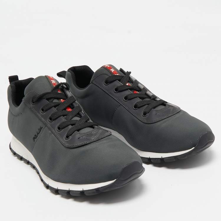 Pre Owned Prada Sport Dark Green/Black Fabric and Leather Low Top Sneakers Size 43.5