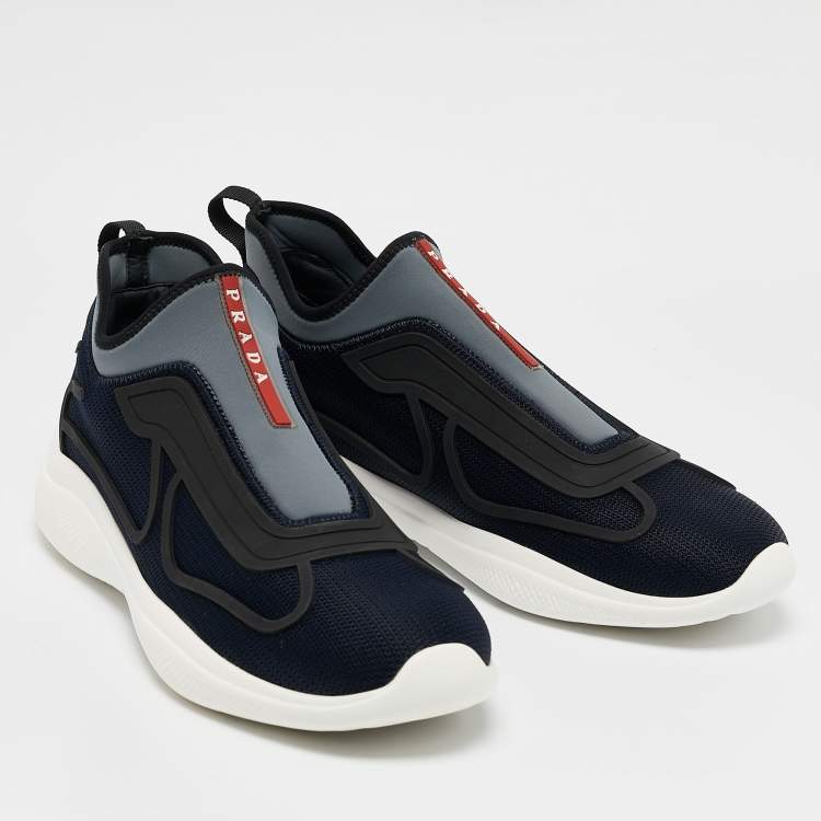 Pre Owned Prada Sport Navy Blue Mesh and Neoprene Slip On Sneakers Size 41.5