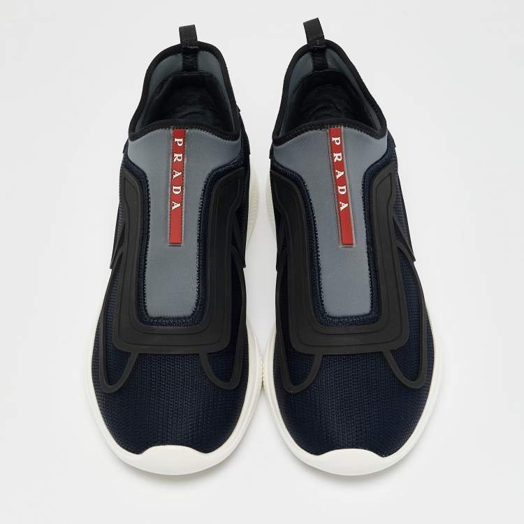 Pre Owned Prada Sport Navy Blue Mesh and Neoprene Slip On Sneakers Size 41.5