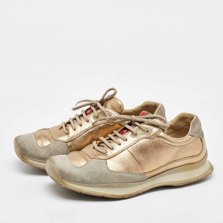 Pre Owned Prada Sport Beige/Gold Leather and Suede America's Cup Low Top Sneakers Size 39.5