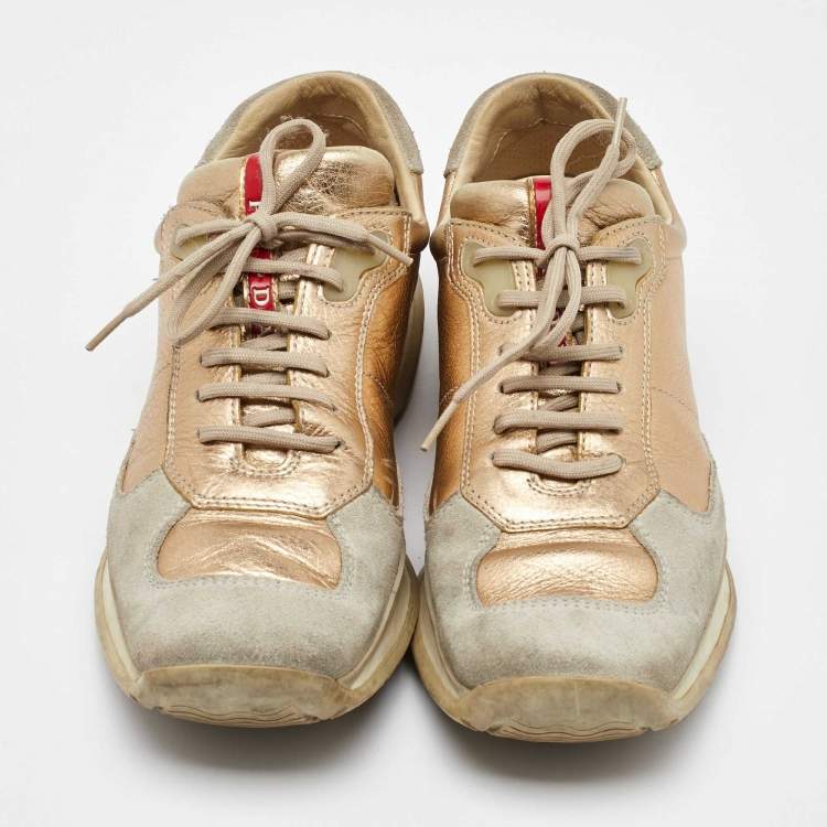 Pre Owned Prada Sport Beige/Gold Leather and Suede America's Cup Low Top Sneakers Size 39.5