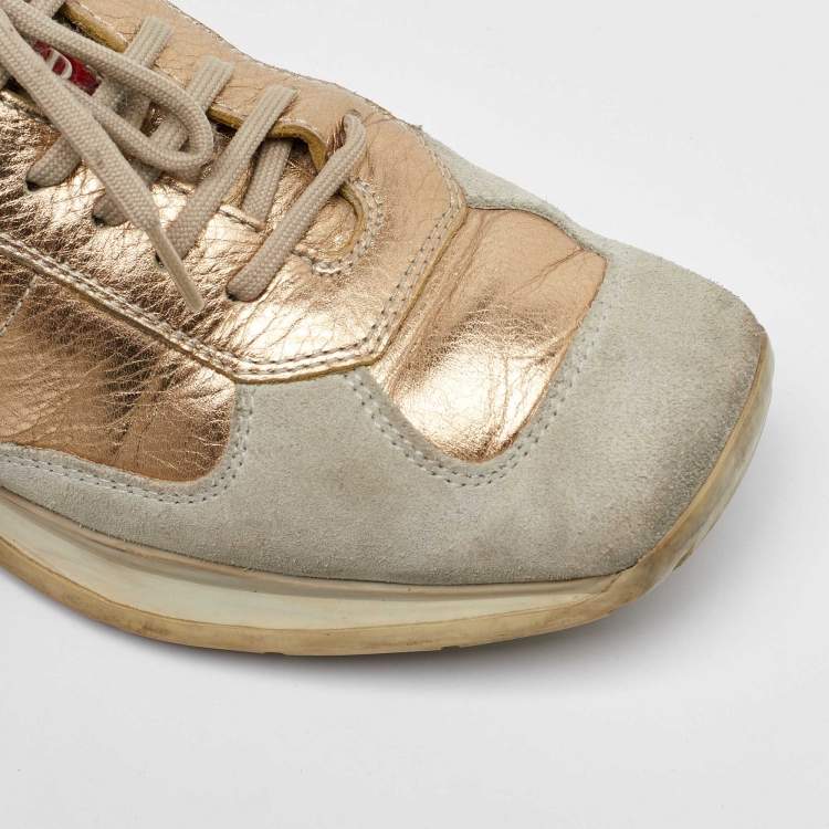 Pre Owned Prada Sport Beige/Gold Leather and Suede America's Cup Low Top Sneakers Size 39.5