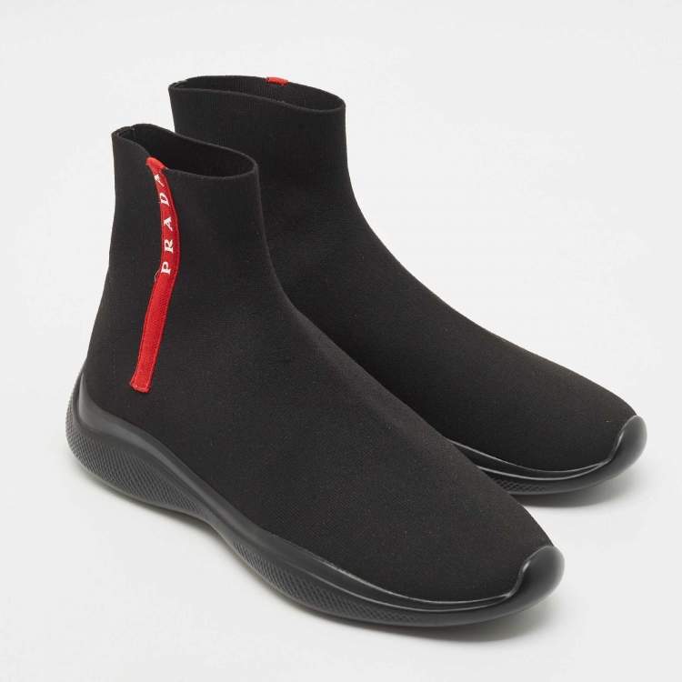 Pre Owned Prada Sport Black Knit Fabric High Top Sneakers Size 43