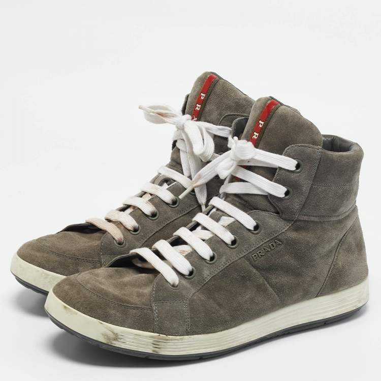 Pre Owned Prada Sport Grey Suede Leather High Top Sneakers Size 45
