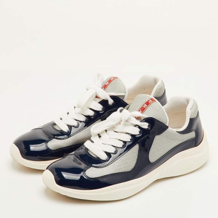 Pre Owned Prada Sport America's Cup Size 41.5 Navy Blue/Grey Patent Leather and Mesh Low Top Sneakers
