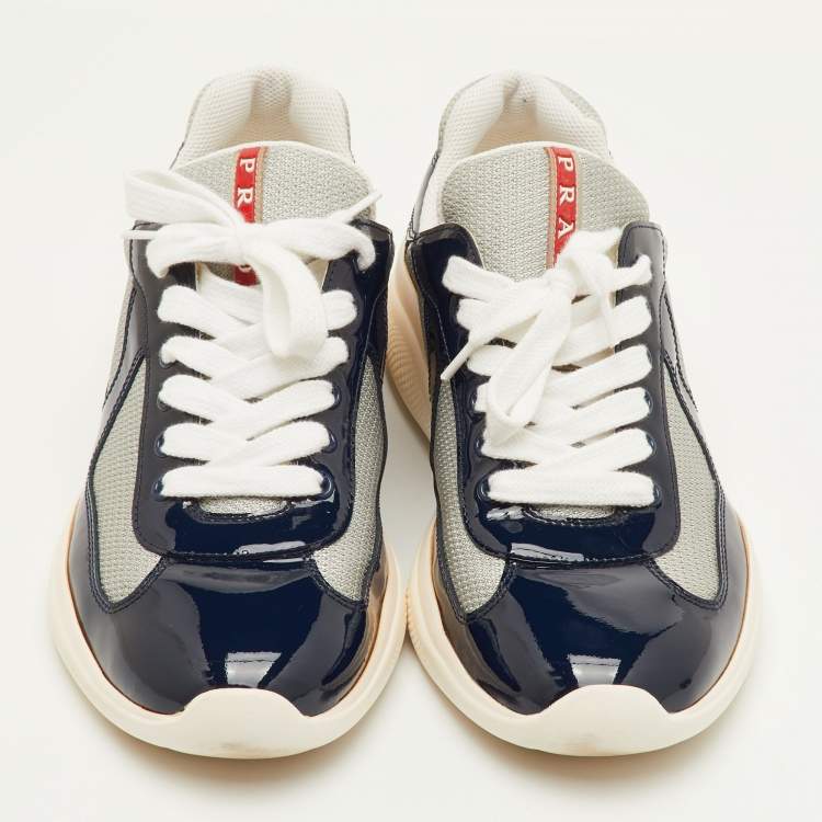 Pre Owned Prada Sport America's Cup Size 41.5 Navy Blue/Grey Patent Leather and Mesh Low Top Sneakers