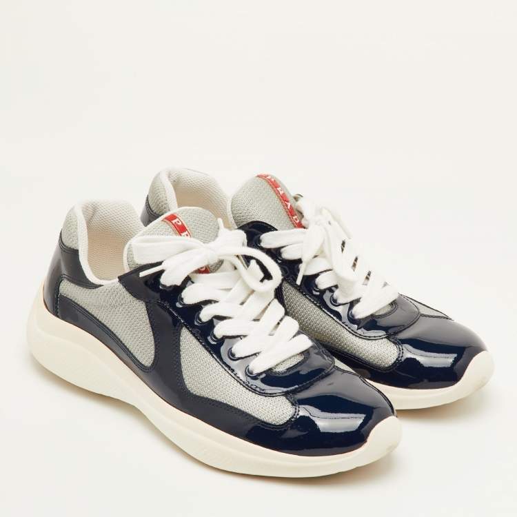 Pre Owned Prada Sport America's Cup Size 41.5 Navy Blue/Grey Patent Leather and Mesh Low Top Sneakers