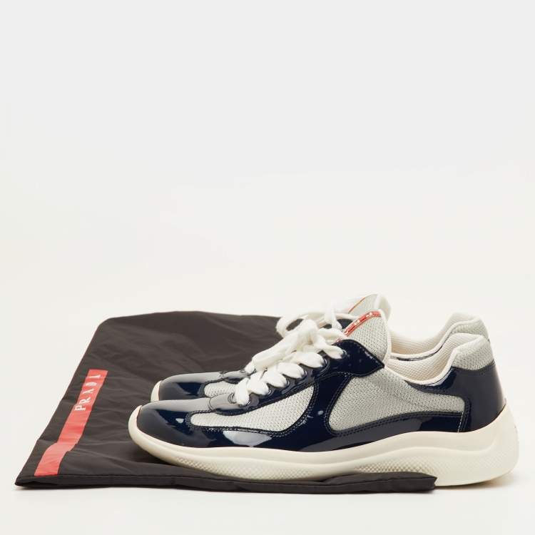 Pre Owned Prada Sport America's Cup Size 41.5 Navy Blue/Grey Patent Leather and Mesh Low Top Sneakers