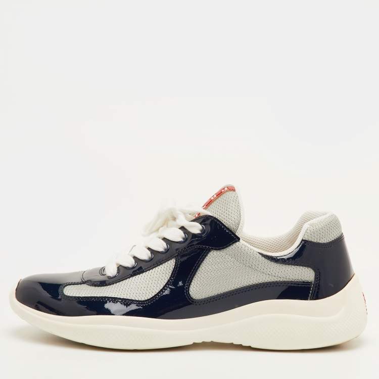 Pre Owned Prada Sport America's Cup Size 41.5 Navy Blue/Grey Patent Leather and Mesh Low Top Sneakers